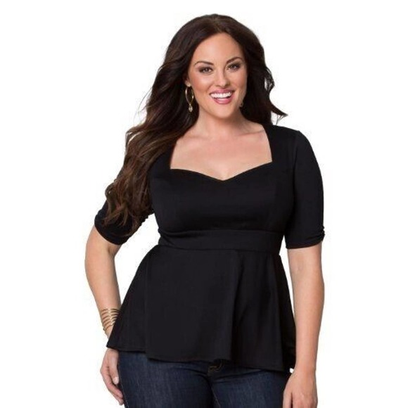 Kiyonna Women Top Black 3X Posh Ponte Peplum Style Sweetheart Neck Fit and Flare - Picture 2 of 8